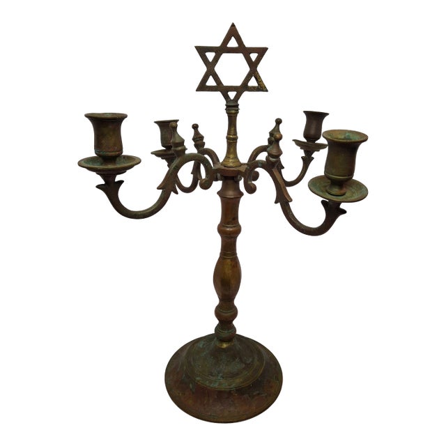 19th C. Polish Bronze Sabbath Candelabrum Star of David Finial Large 18" Rare For Sale