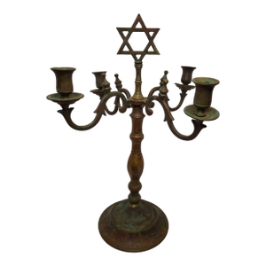 19th C. Polish Bronze Sabbath Candelabrum Star of David Finial Large 18" Rare