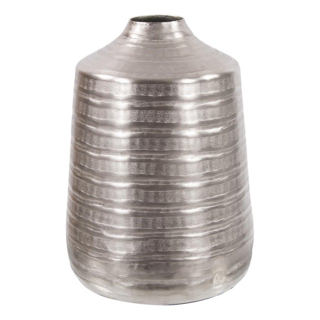 Chiseled Silver Cylinder Vase- Large For Sale