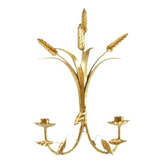 Vintage Italian Gilt Metal Wheat Two Light Candle Wall Sconce For Sale