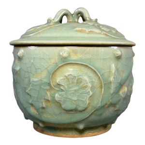 Antique Chinese Official‑Style Celadon Lidded Jar With Relief Floral Motifs