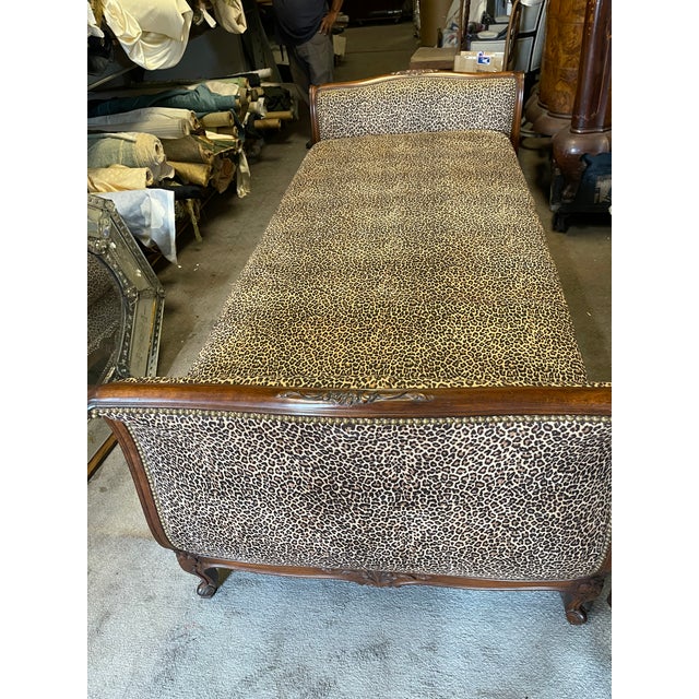 Antique French Hand Carved Walnut Daybed With Leopard Suede Upholstery For Sale - Image 4 of 12