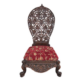 Antique Anglo, Indian Carved Wood Ceremonial Low Chair For Sale