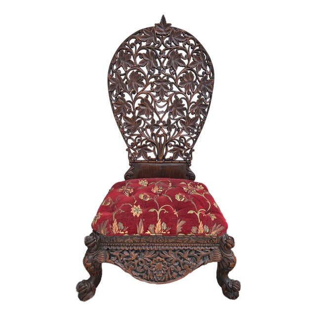 Antique Anglo, Indian Carved Wood Ceremonial Low Chair For Sale