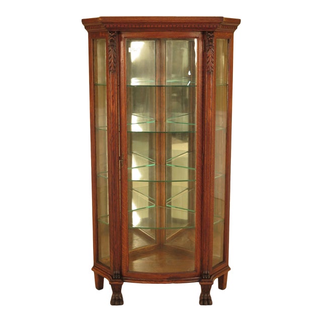 19th Century Traditional Oak Curved Glass Corner Cabinet With Lion Head For Sale