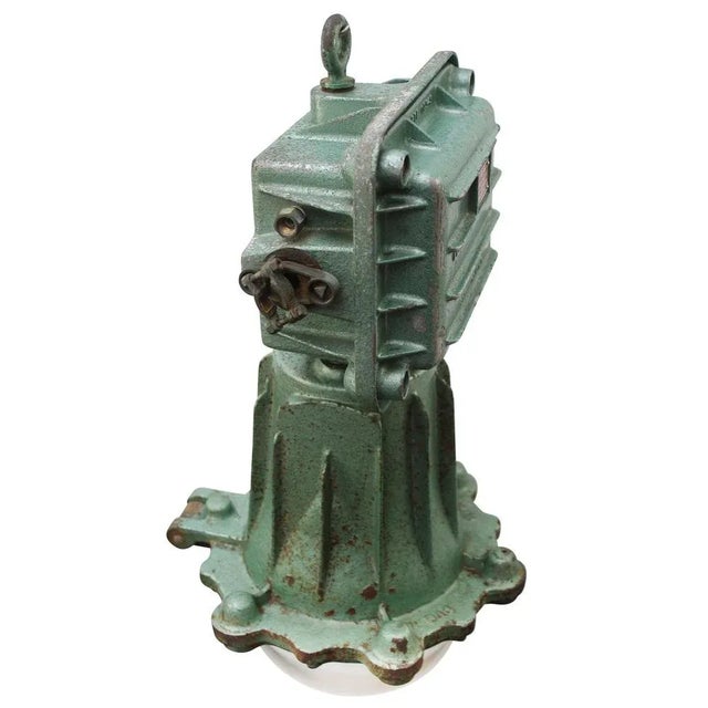 Vintage French Industrial Green Cast Iron and Clear Glass Pendant Lamp from Perfeclair, 1967 For Sale - Image 4 of 5