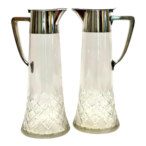 1900s WMF Signed Pair of Art Nouveau Silver Plated Cut-Glass Claret Jug Decanter Carafes