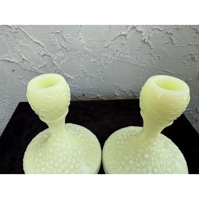 Yellow Vintage Fenton Orange Tree Blossom Custard Glass Candlesticks – Pair – Uv Reactive Vaseline Glass For Sale - Image 8 of 10