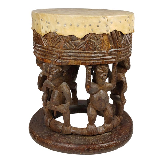 Vintage African Drum Style Carved Fertility Figures Side Table For Sale