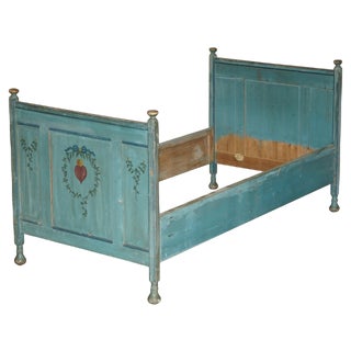 Antique French Duck Egg Blue Hand Painted & Ornately Decorated Bed Frame in Oak For Sale