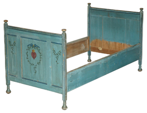 Antique French Duck Egg Blue Hand Painted & Ornately Decorated Bed Frame in Oak