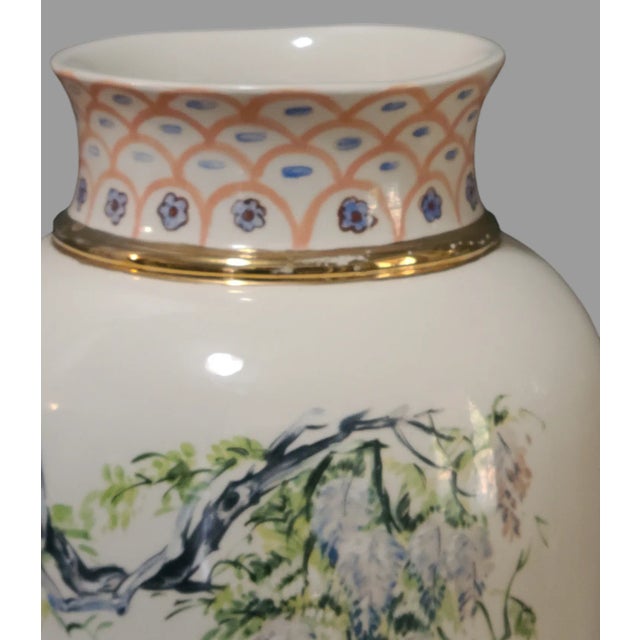 Late 20th Century Vintage Asian Japanese Inspired Hand Painted Figural Geisha Floral Vase Signed For Sale - Image 5 of 9