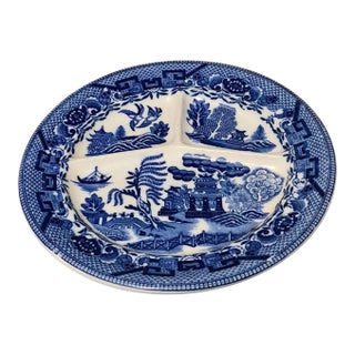 Vintage Japanese Willow Divided Blue & White Plate For Sale