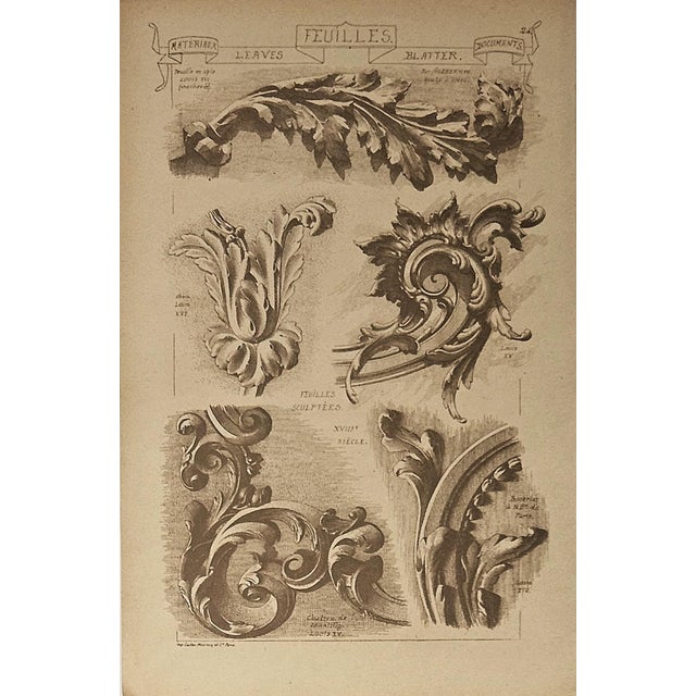 Victorian 1887-Set of 4-French Antique Architectural Design Engravings-Leaf Designs For Sale - Image 3 of 5