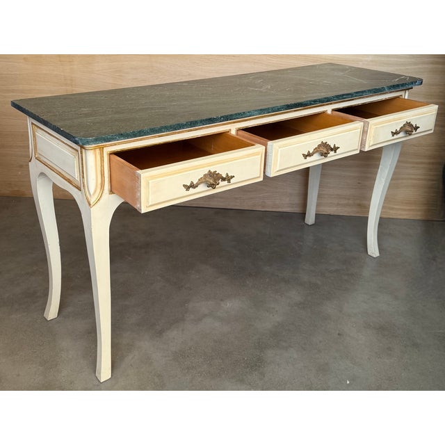 20th Century French White Painted Table Console With Green Marble Top For Sale - Image 12 of 16