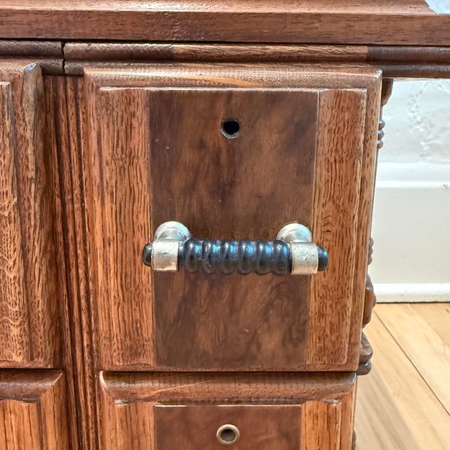 Victorian Antique Oak Countertop Sewing Cabinet With Applied Burled Wood Drawer Fronts For Sale - Image 3 of 12