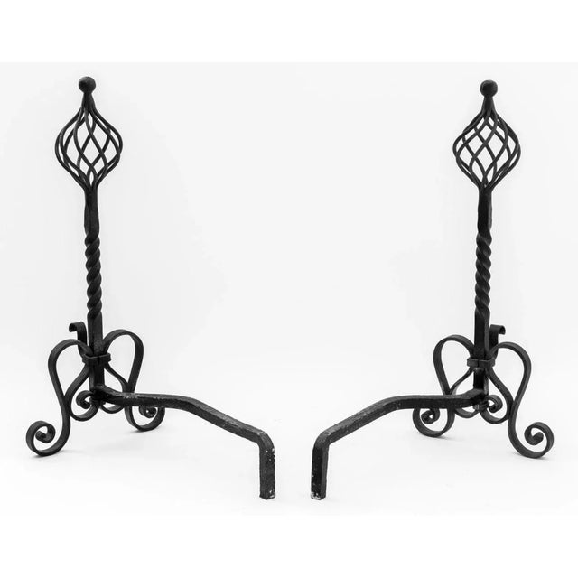 Early 20th Century Gothic Revival Wrought Iron Andirons, Pair For Sale - Image 5 of 5