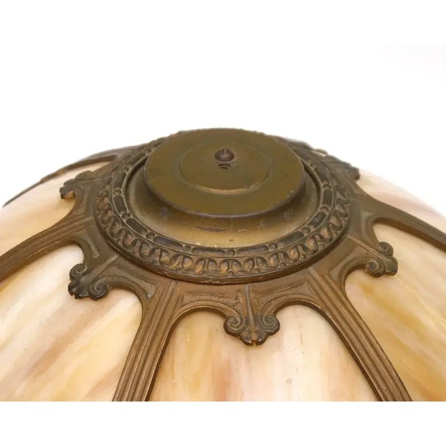 Brown Pittsburgh 6 Bent Panel Slag Glass Leaded Table Lamp For Sale - Image 8 of 8
