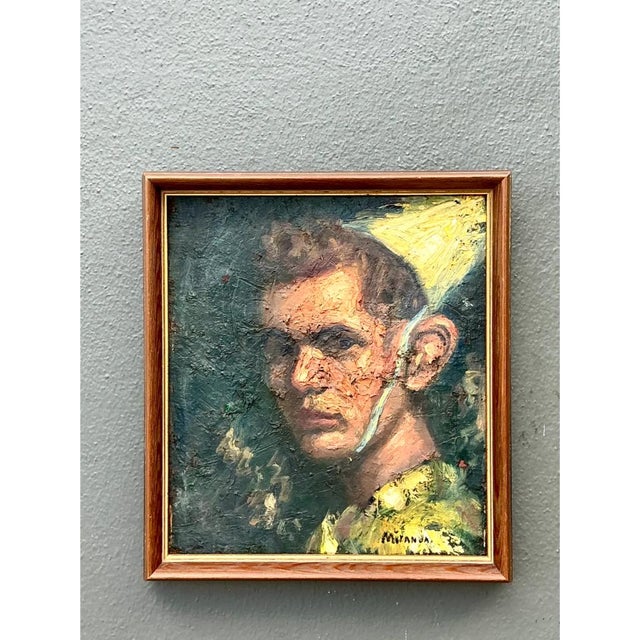 This vintage figurative oil painting on canvas presents an intense, close-cropped portrait rendered with expressive,...
