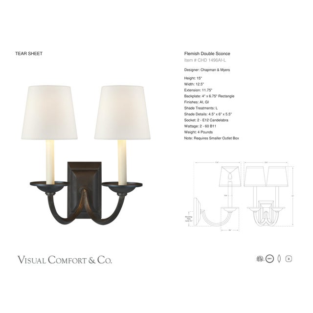 Transitional Chapman & Myers for Visual Comfort Signature Flemish Double Sconce in Aged Iron with Linen Shades For Sale - Image 3 of 5