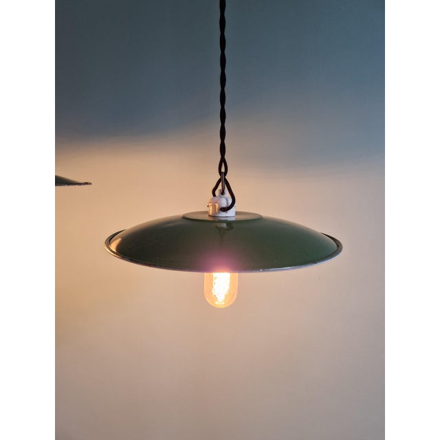 Vintage Industrial Pendant Lights in Green Enameled Sheet Metal and Porcelain, 1940s, Set of 3 For Sale - Image 16 of 18