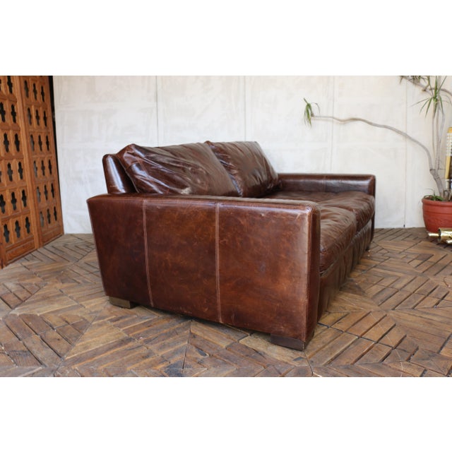 Early 21st Century Restoration Hardware Brown Leather Two-Seat Sofa With Rich Patina For Sale - Image 5 of 18
