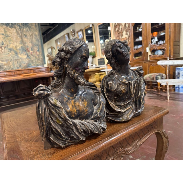 French Pair of 18th Century French Carved Polychrome Male & Female Bust Wall Sculptures For Sale - Image 3 of 13