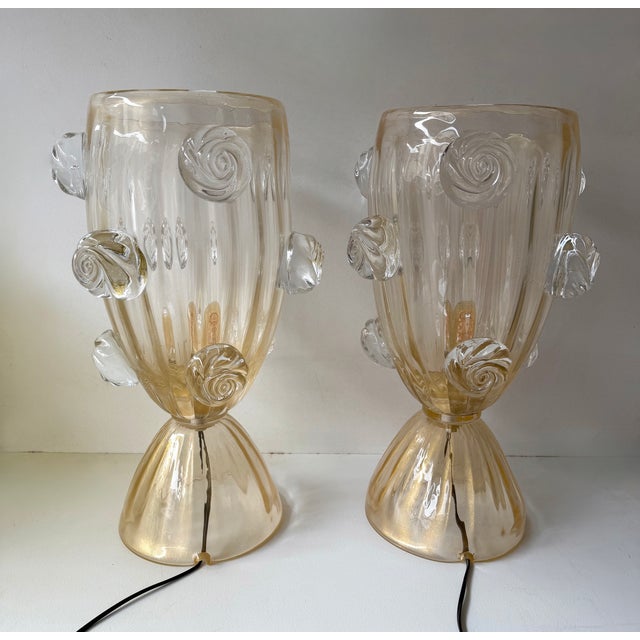 Pair of table or bedside vase Macaroons lamps in massive Murano glass with gold powder details in the glass. Contemporary...