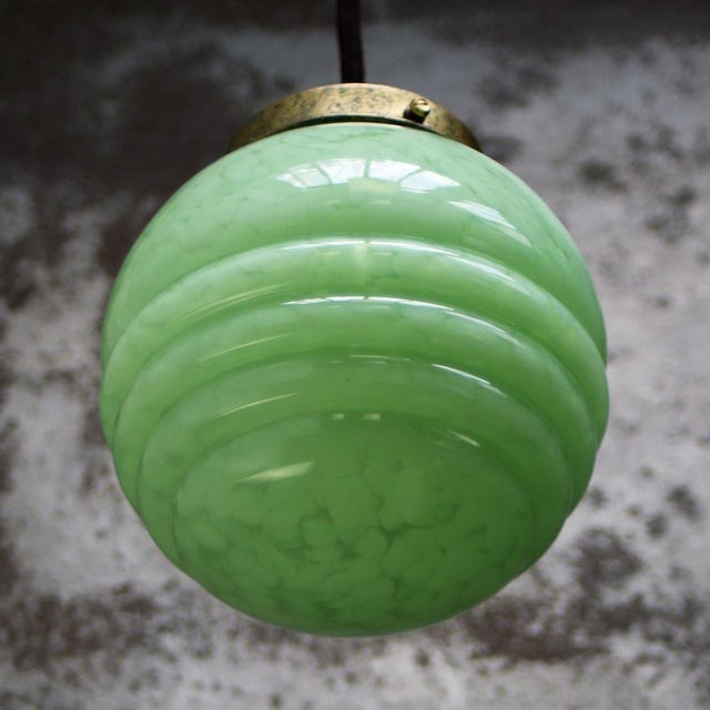 French Green Reeded Glass Clichy Pendant Lamp For Sale - Image 4 of 6