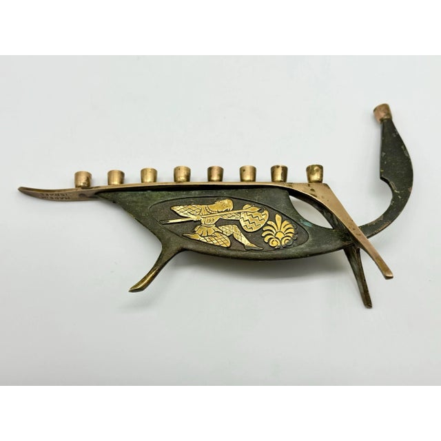 Mid-Century Modern 1960s Mid-Century Brass Boat Menorah With Damascene Etching | Vintage Judaica Art Sculpture For Sale - Image 3 of 12