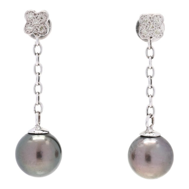 Tahitian Pearl & Diamond Dangle Earrings, 14k White Gold, Length 1.75 Inches, A Pair For Sale