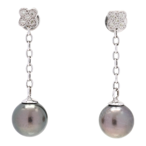 Tahitian Pearl & Diamond Dangle Earrings, 14k White Gold, Length 1.75 Inches, A Pair