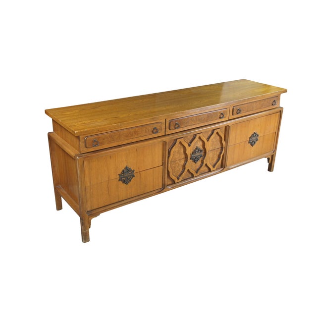 Mid-Century Modern Mid Century Chinoiserie Walnut Burl Triple Dresser & Mirror Credenza Buffet MCM For Sale - Image 3 of 13