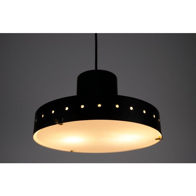 Black Metal and Opaline Glass Pendant Lamp attributed to Stilnovo, Italy, 1960s For Sale - Image 12 of 13