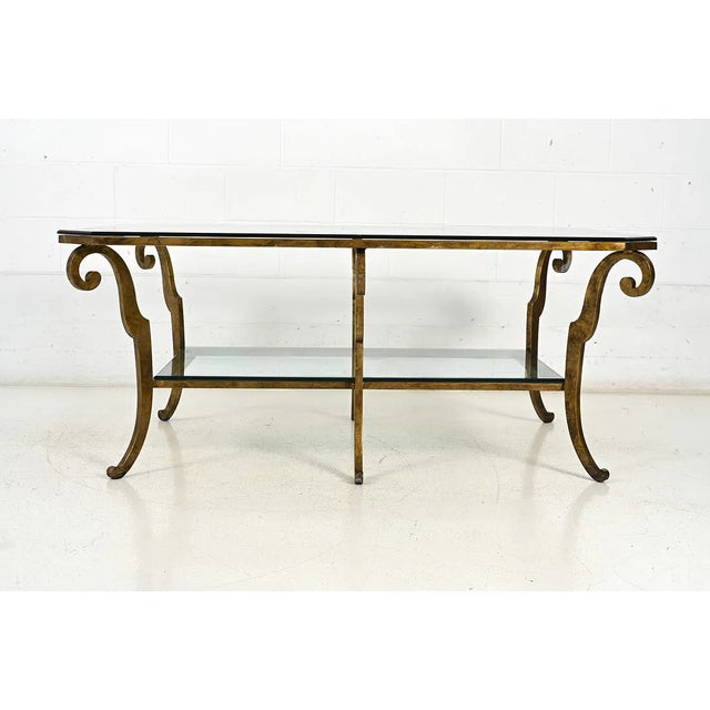 1970s Oversized Hollywood Regency Gilt Iron Two-Tier Glass Coffee Table For Sale In Philadelphia - Image 6 of 13