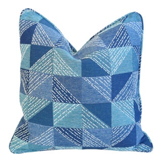 Contemporary Modern Geometric Blue & White Feather/Down Pillow 20" Square For Sale