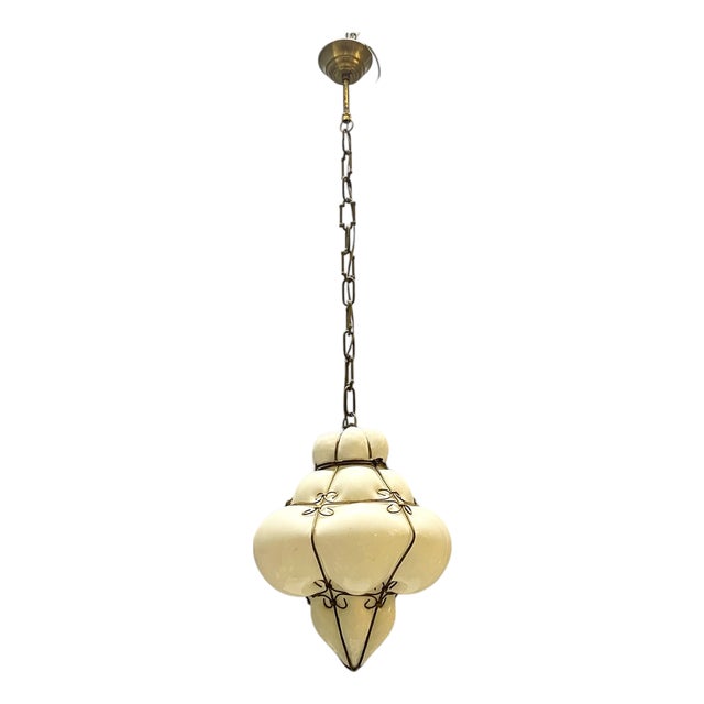 Wrought Iron and White Murano Glass Pendant Light, 1960s For Sale