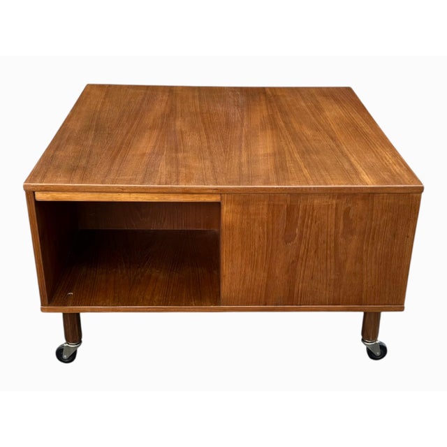 1960s Danish Lovig Square Coffee Table With Drawer, Open Shelves & Original Casters For Sale - Image 14 of 16