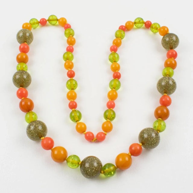 Plastic Bakelite and Lucite Necklace Extra Long Shape Orange Green and Glitter Beads For Sale - Image 7 of 12