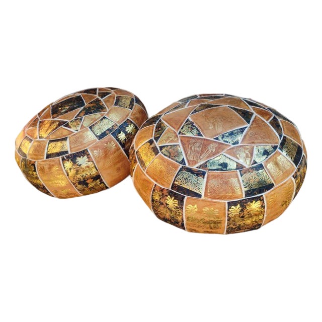 Step Into Old-World Elegance: Rare Vintage Egyptian Leather Poufs For Sale