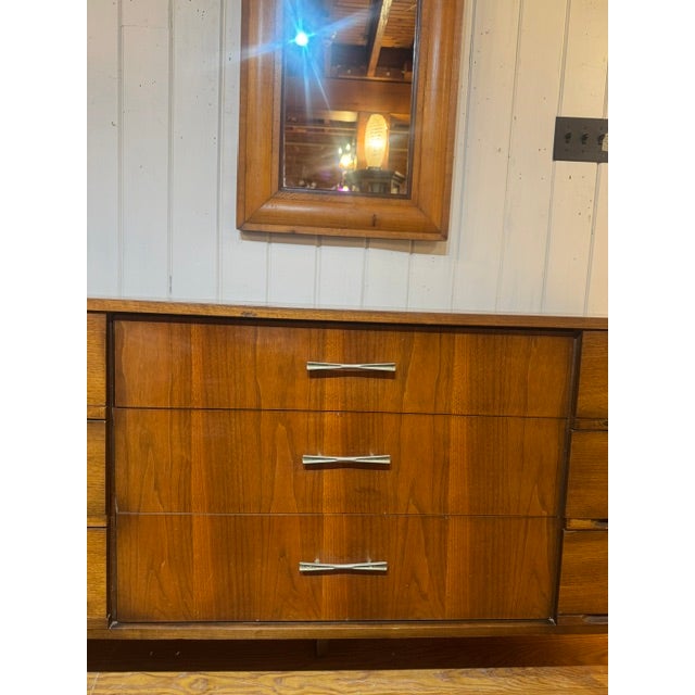 Mid-Century Modern MCM Vintage Walnut Lowboy Dresser With 9 Drawers and Bow Tie Pulls For Sale - Image 3 of 12