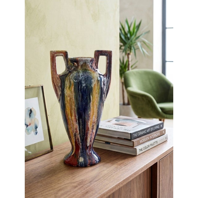 Large French Art Deco Polychrome Flambé Glazed Ceramic Vase with Handles from Elgé, 1940s, in Flawless conditions....