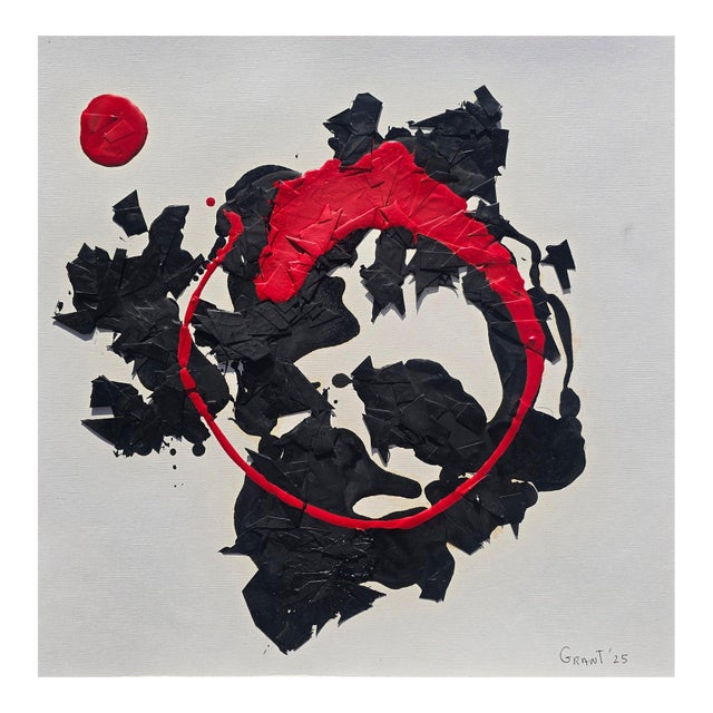Black, White and Red Abstract Original Relief Oil Painting by Diane Grant | Robert Motherwell | Unframed For Sale