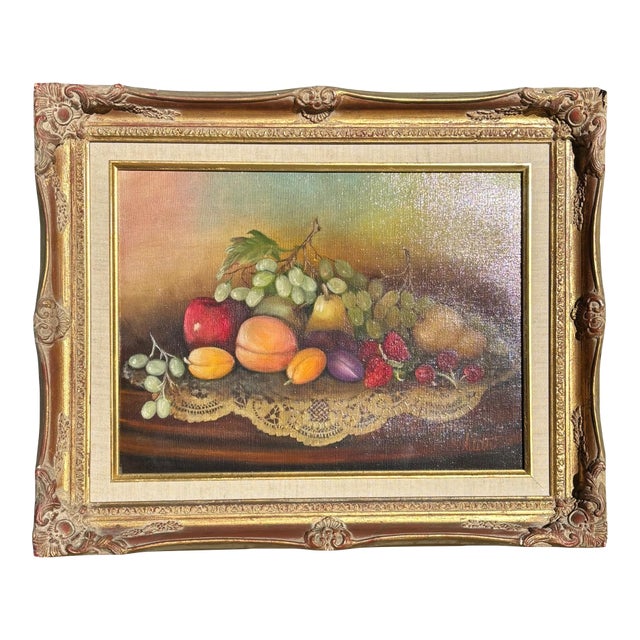 Fruit Still Life Oil Painting in Ornate Gilt Frame, Signed For Sale