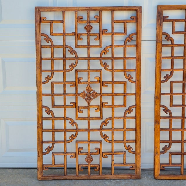 Chinoiserie Antique Chinese Open Fretwork Lattice Large Window Screens Decorative Wall Panels, a Pair For Sale - Image 3 of 15