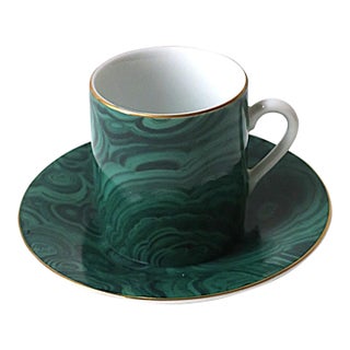 Malachite Porcelain Espresso Coffee Cup and Saucer, 2 Avail. For Sale