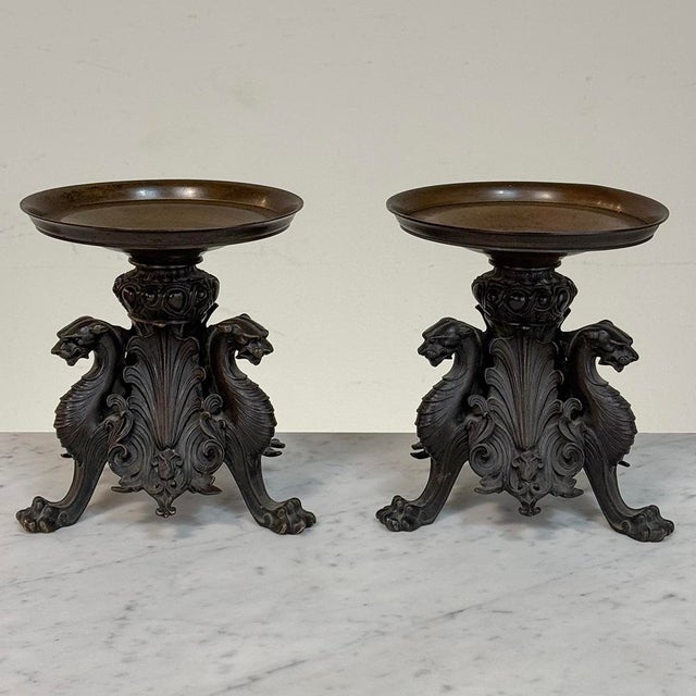 Renaissance Pair of Renaissance Revival Bronze Rose Bowl ~ Pillar Candle Stands For Sale - Image 3 of 18