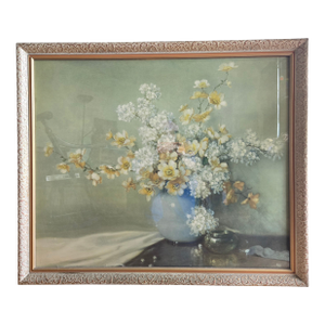 1940s A. D. Greer Original Oil Painting Framed Dogwood Hydrangeas
