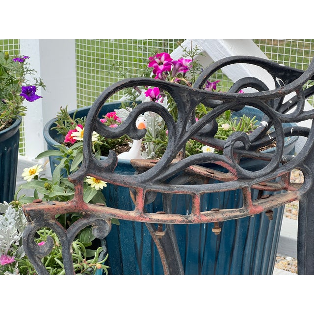 Antique Cast Iron Park Bench Ends With Scrollwork 27.25" Small Garden Bench Side Legs Set of 2 Worn For Sale - Image 4 of 13
