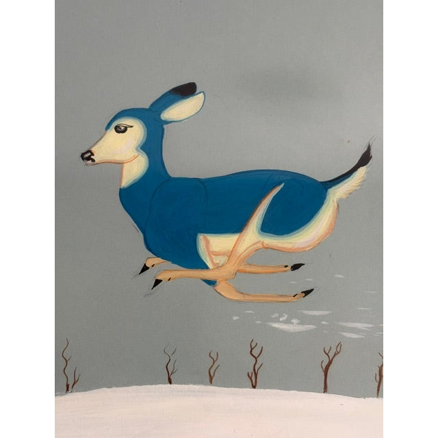 Wood Vintage Beatien Yazz Navajo Gouache Original Painting Blue Deer Signed For Sale - Image 7 of 10